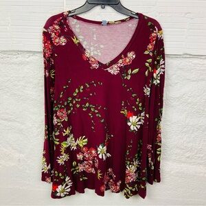 Burgundy Floral Long Sleeve V-Neck stretch Top size XXL